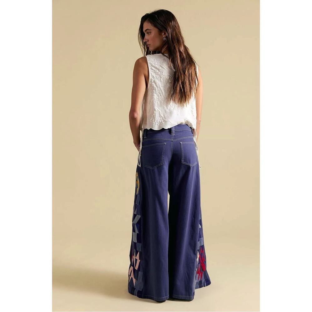 Free People Bohemian Retro 70s Kaleidoscope Patchwork Wide Leg Jeans Size 30 NWT - Picture 6 of 12